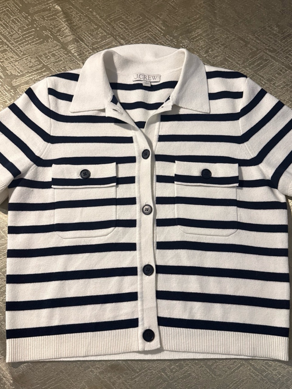 100% Cotton J. Crew White and Navy Striped Short-Sleeve Button-down Shirt Size S